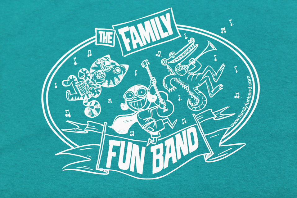 The Family Fun Band logo, which has 3 funny characters and www.familyfunband.com in white ink on a Jade color t-shirt.